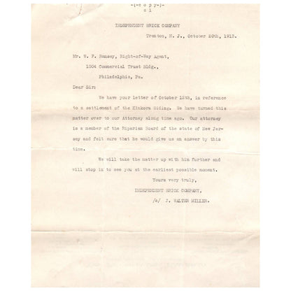 1913 Independent Brick Company Memo Walter Miller Trenton NJ AD8
