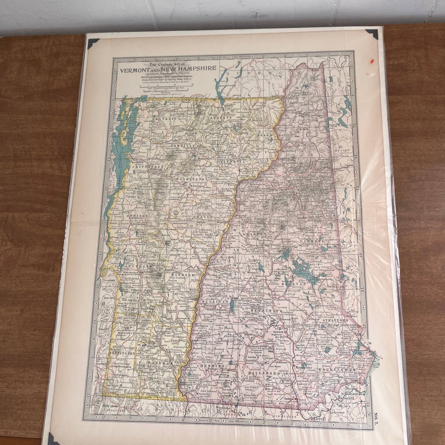 1897 The Century Atlas Map of Vermont & New Hampshire Color Engraved 12.5x17 FL5