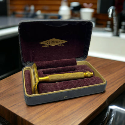 Vintage Gillette Double Sided Gold Tone Safety Razor With Case TJ9
