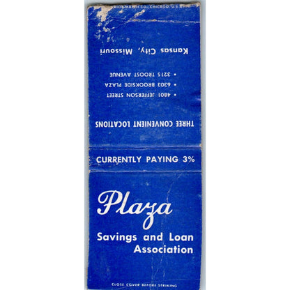 Plaza Savings and Loan Kansas City MO Advertising Matchbook Cover SA9-M5