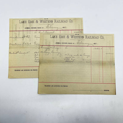 1892 Lake Erie & Western Railroad Co. Journal Voucher RR Lot of 2 AB1-2