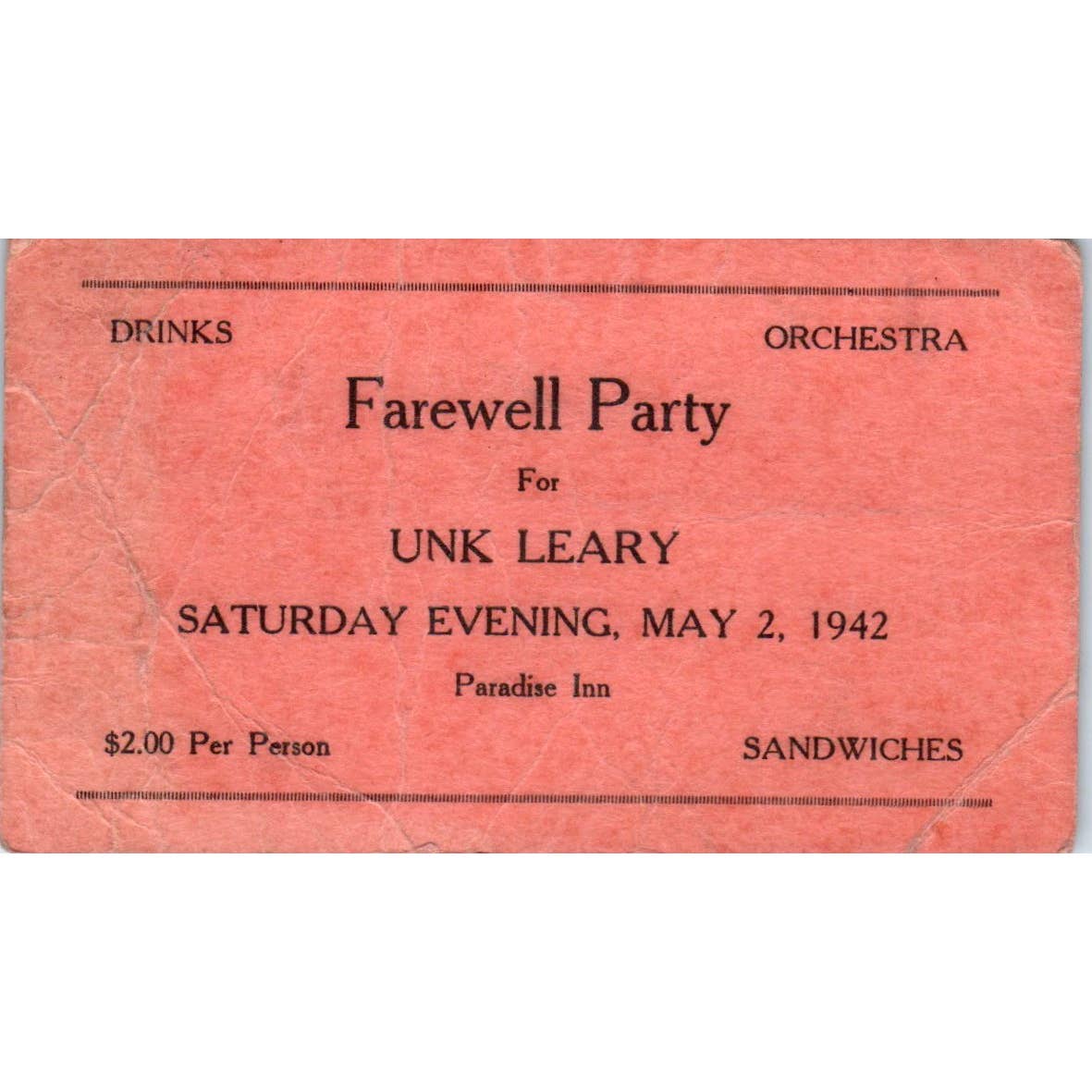 1942 Unk Leary Paradise Inn Farewell Party Card TK2-CC