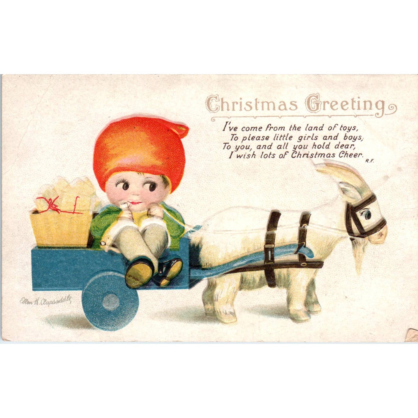 Ellen Clapsaddle Christmas Girl Elf Goat Cart c1910 Original Postcard TK1-26