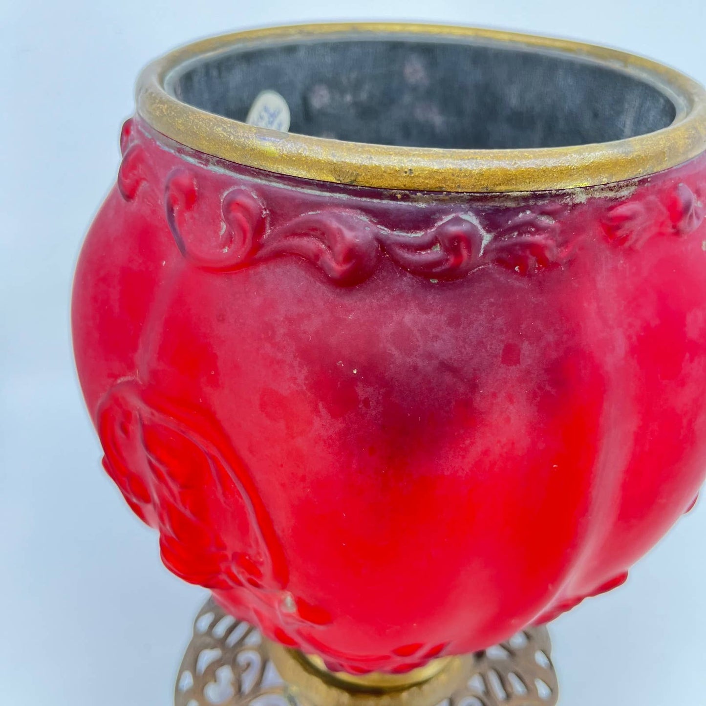 Antique Red Satin Glass and Brass Gone With the Wind Lamp Base LB3