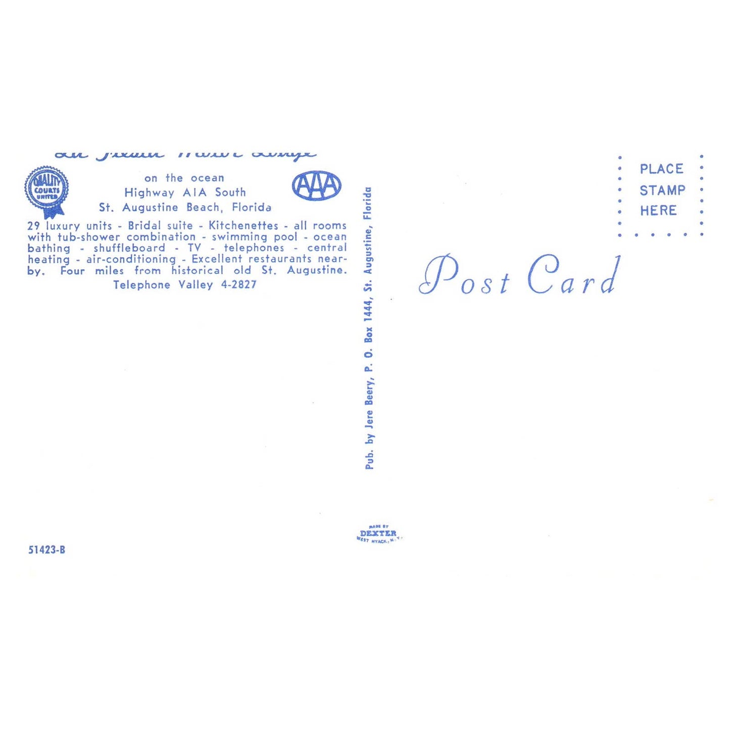 Vintage Postcard - La Fiesta Motor Lodge AAA St. Augustine Florida AD9