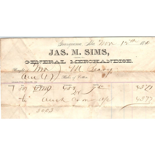 1881 Letterhead Billhead Jas. M. Sims General Merchandise Georgiana AL AD6-9