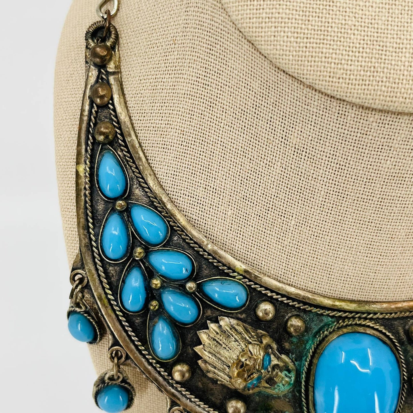 Boho Tribal Folk Art Silver & Turquoise Style Statement Bib Choker Necklace SB2