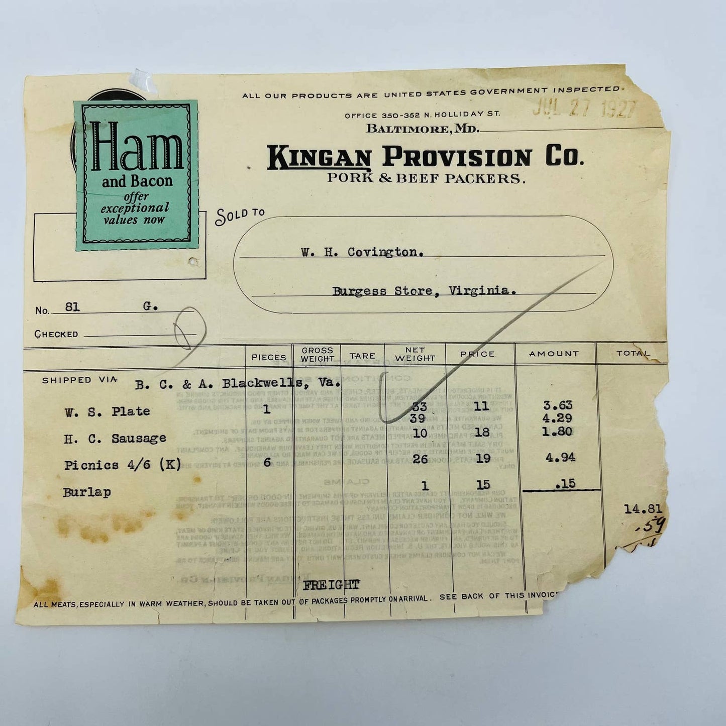 1927 Kingan Provision Pork & Beef Packers Baltimore MD Letterhead Billhead AA5