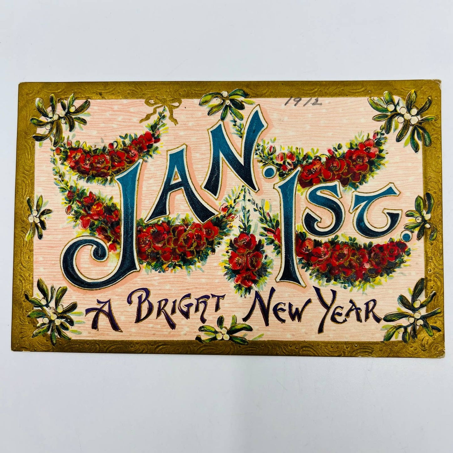 1910s Christmas New Year’s Post Card Embossed Flowers Dresden Gilt Holly PA3