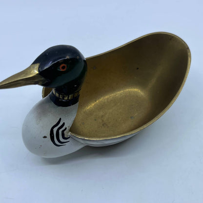 Vtg MCM Hand Painted Solid Brass Mallard Duck Brass Trinket Candy Dish 7" TH8-1