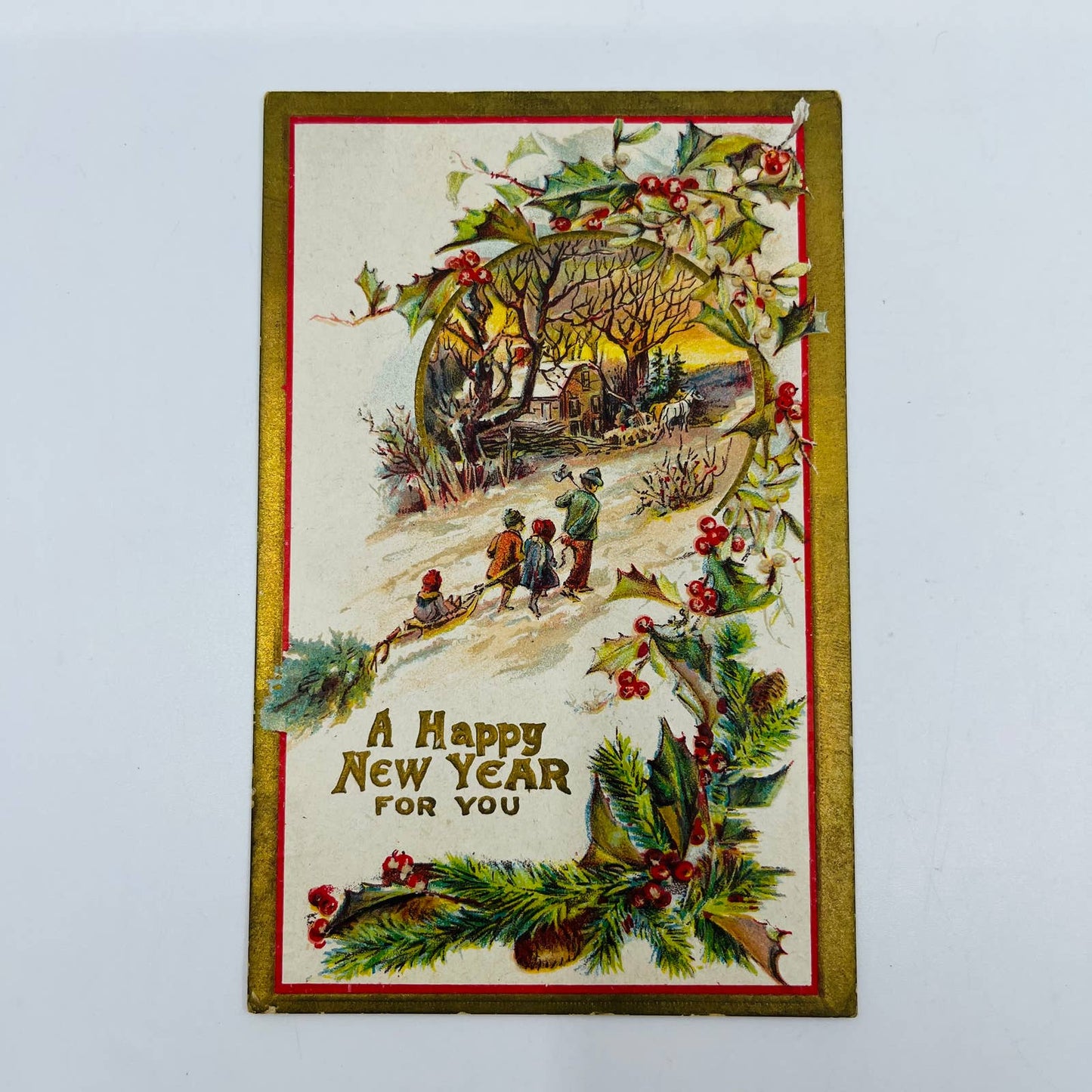 1910s Christmas New Year’s Post Card Embossed Christmas Tree Horses Cottage PA3