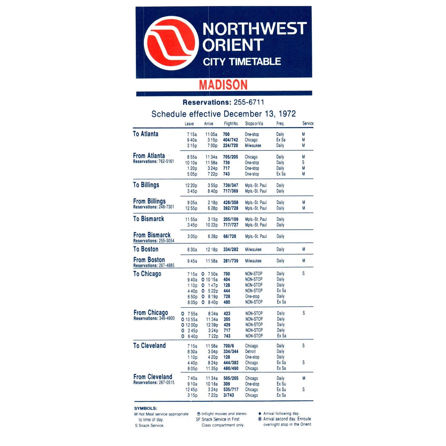 1972 Northwest Orient Airlines City Timetable Madison Route Map SE4