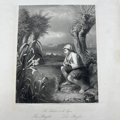 1864 Original Steel Art Engraving - The Angler Fishing G. Schalcken 8.5x11" AC3