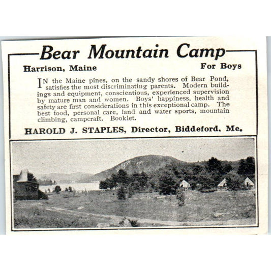 Bear Mountain Camp Harrison Maine Harold J. Staples - 1921 Original Ad TJ7-S8