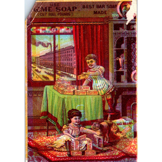 1880s Victorian Trade Card Acme Soap - Girls Playing with Cat Kitten SF2