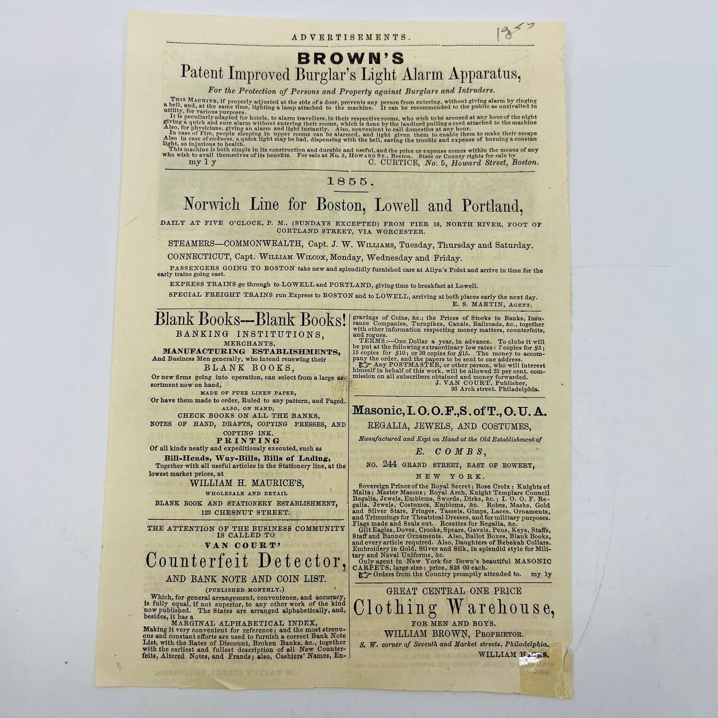 1855 Advertisement  Norwich Line Steamer to Boston RR Hall Haymarket Square AA5