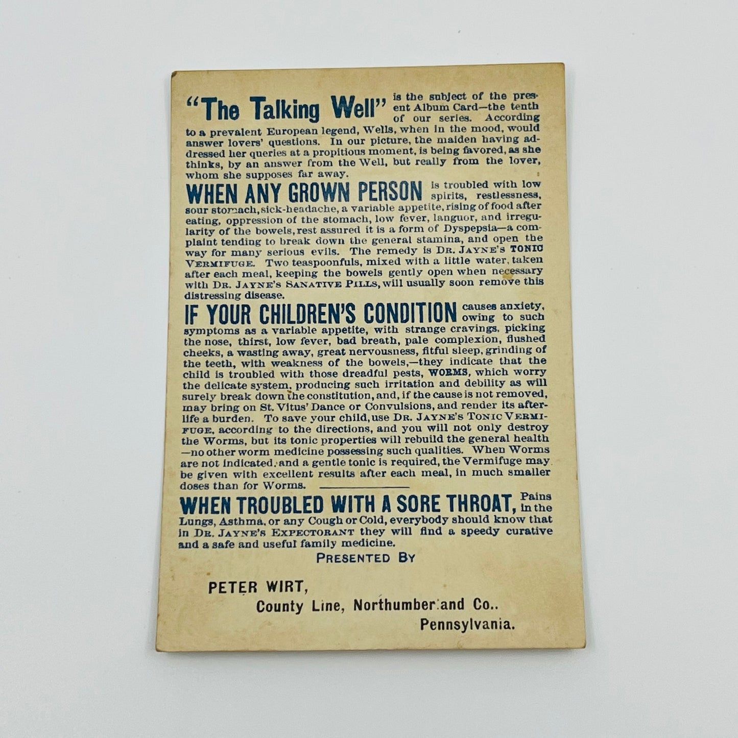 1880s Trade Card Dr Jayne’s Expectorant Peter Witt Northumber & Co PA AH9-M6