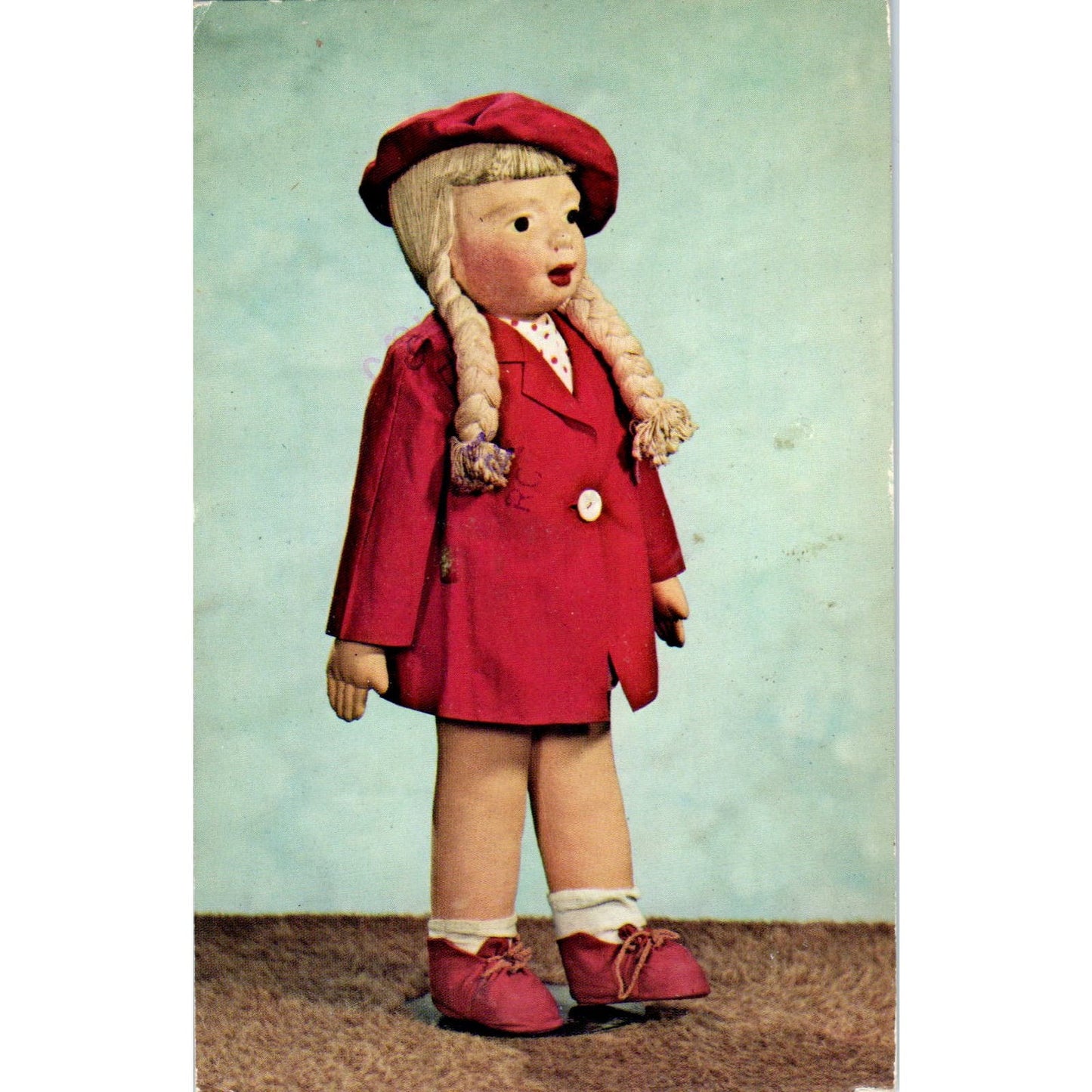 WPA Clay Doll Depression Era Girl in Red Doll Original Postcard PB8