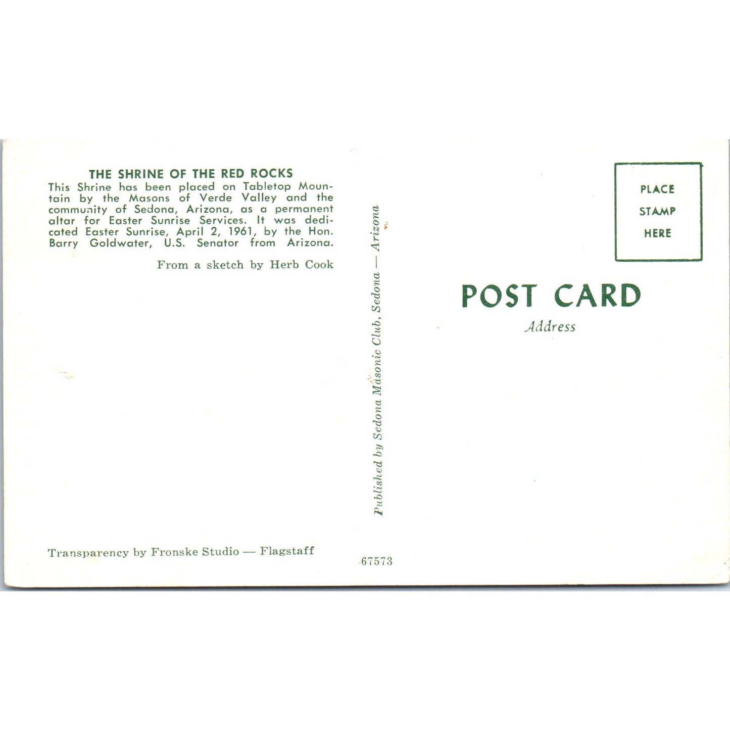 The Shrine of the Red Rocks Herb Cook Sketch Original Postcard TK1-25