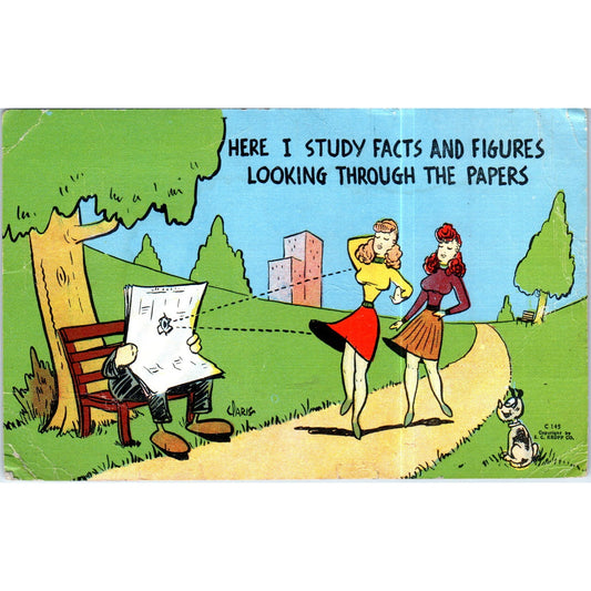 Risque Comic Humor Here I Study Facts and Figures 1947 Original Postcard P2-3