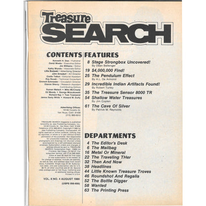 Treasure Search Magazine 1980 August Metal Detecting Gold Diamonds M2