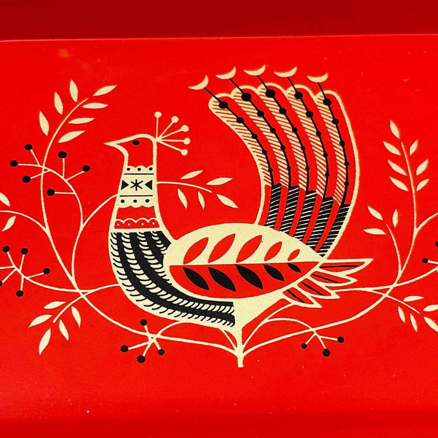 MCM Vintage Red Pink Peacock Metal Bird Cocktail Tray 7x5” Set of 4 TA9