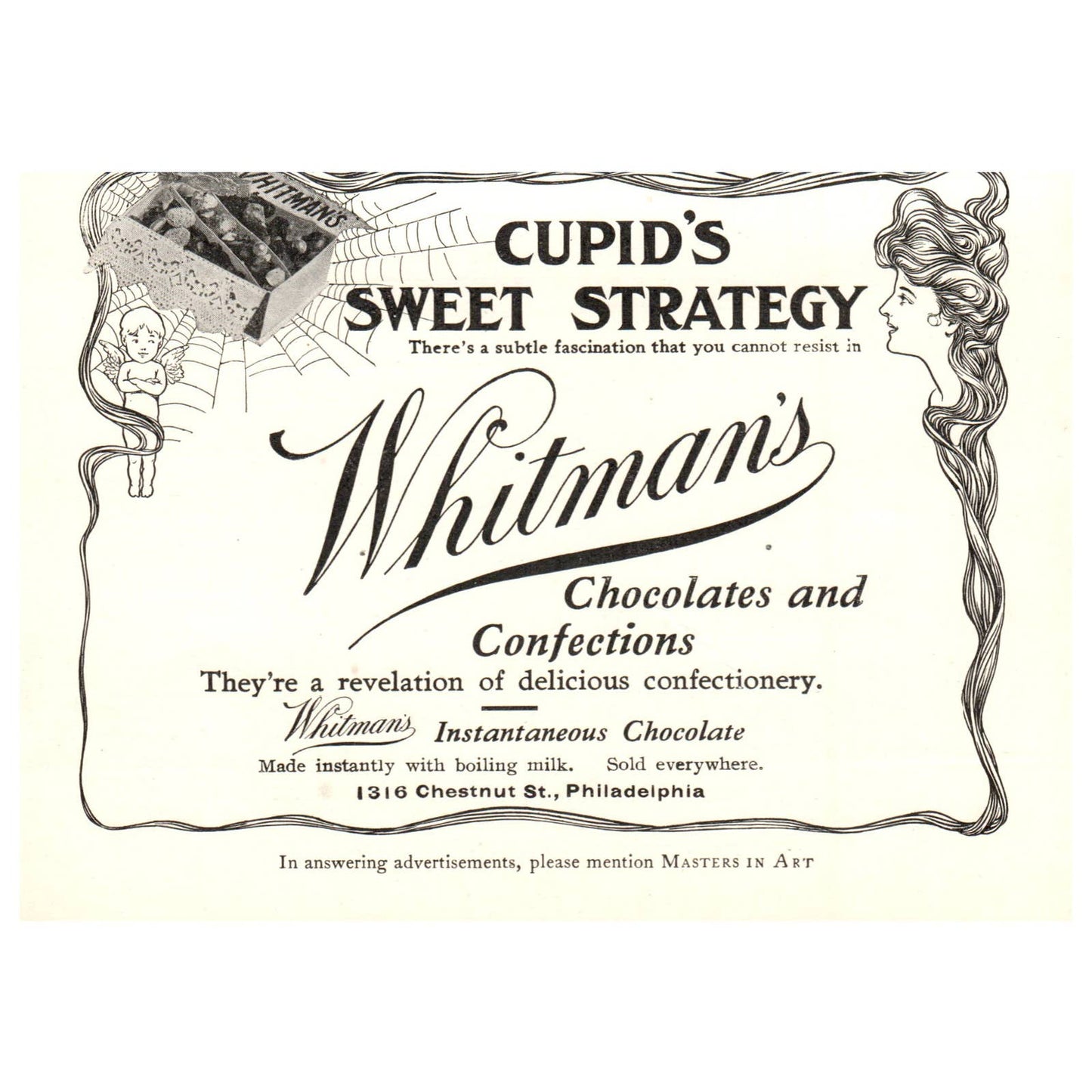 Whitman's Chocolates - Cupid's Sweet Strategy 4x5.5" - 1904 Original Ad TJ8-8