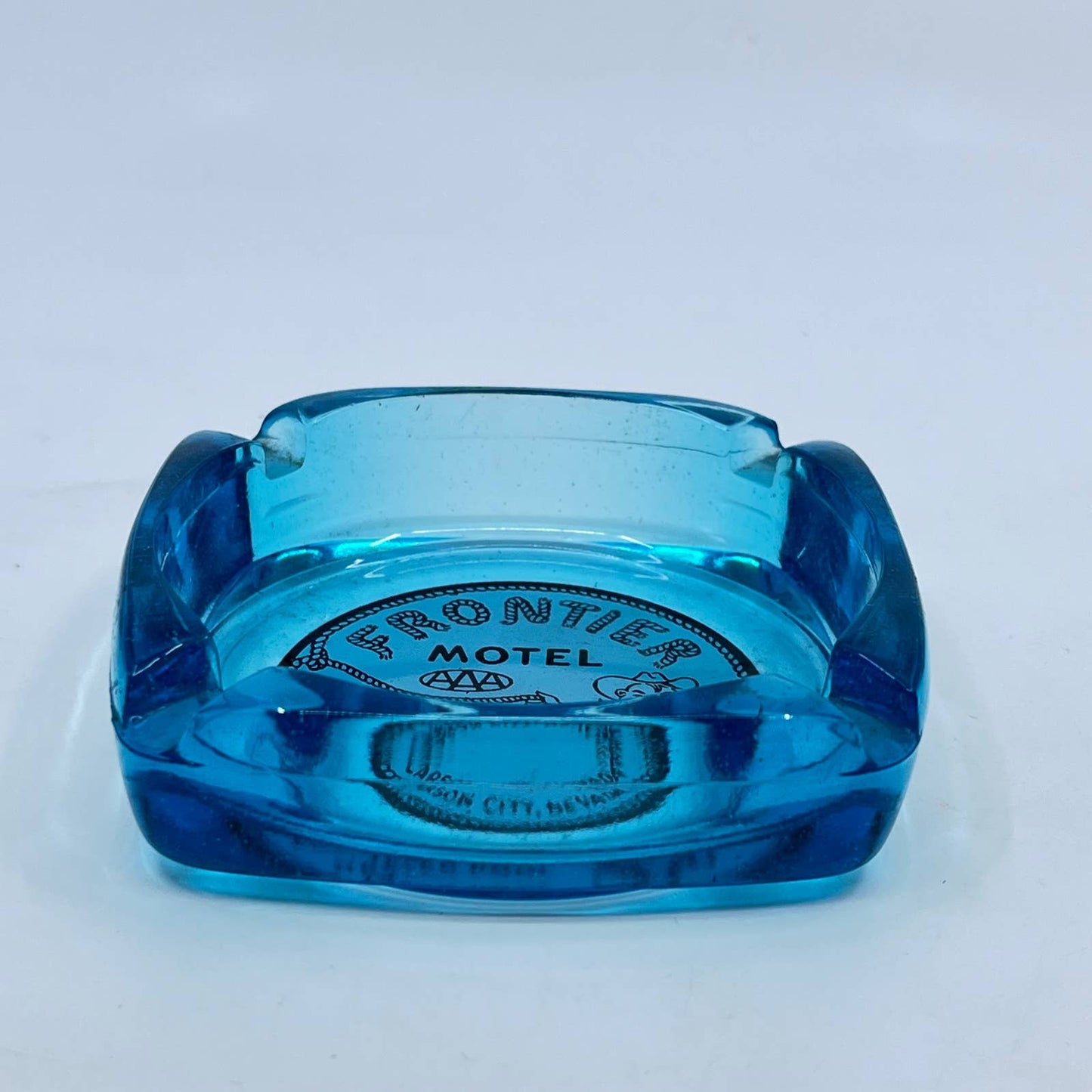 Vintage Cobalt Blue Advertising Ashtray Frontier Motel Carson City NV Cowboy TF4