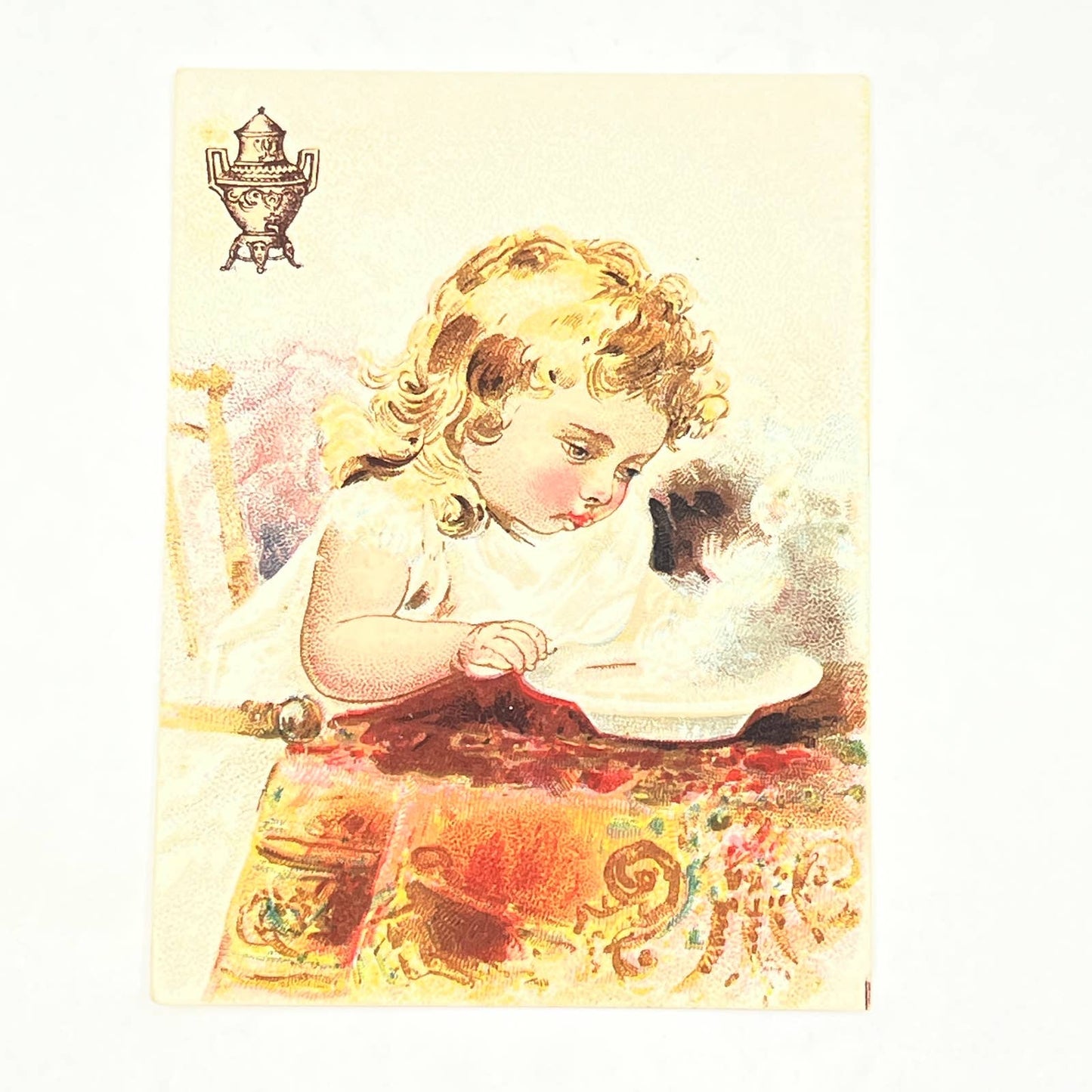 1880s Victorian Trade Card Dilworth Brothers Pittsburgh PA Girl Eating Soup AB6