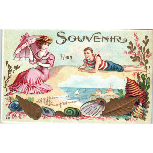 Victorian Embossed Beach Romance Scene c1910 Original Souvenir Postcard TK1-21-1