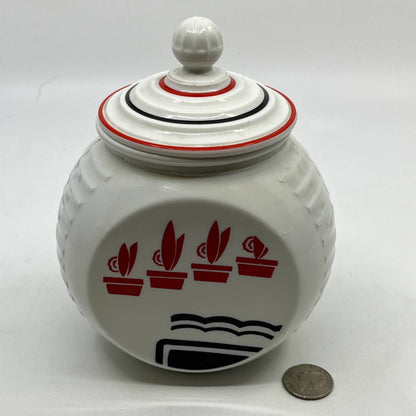 Fire King Anchor Hocking Vitrock White Grease Jar w/ Lid Red Flower Pots TC3