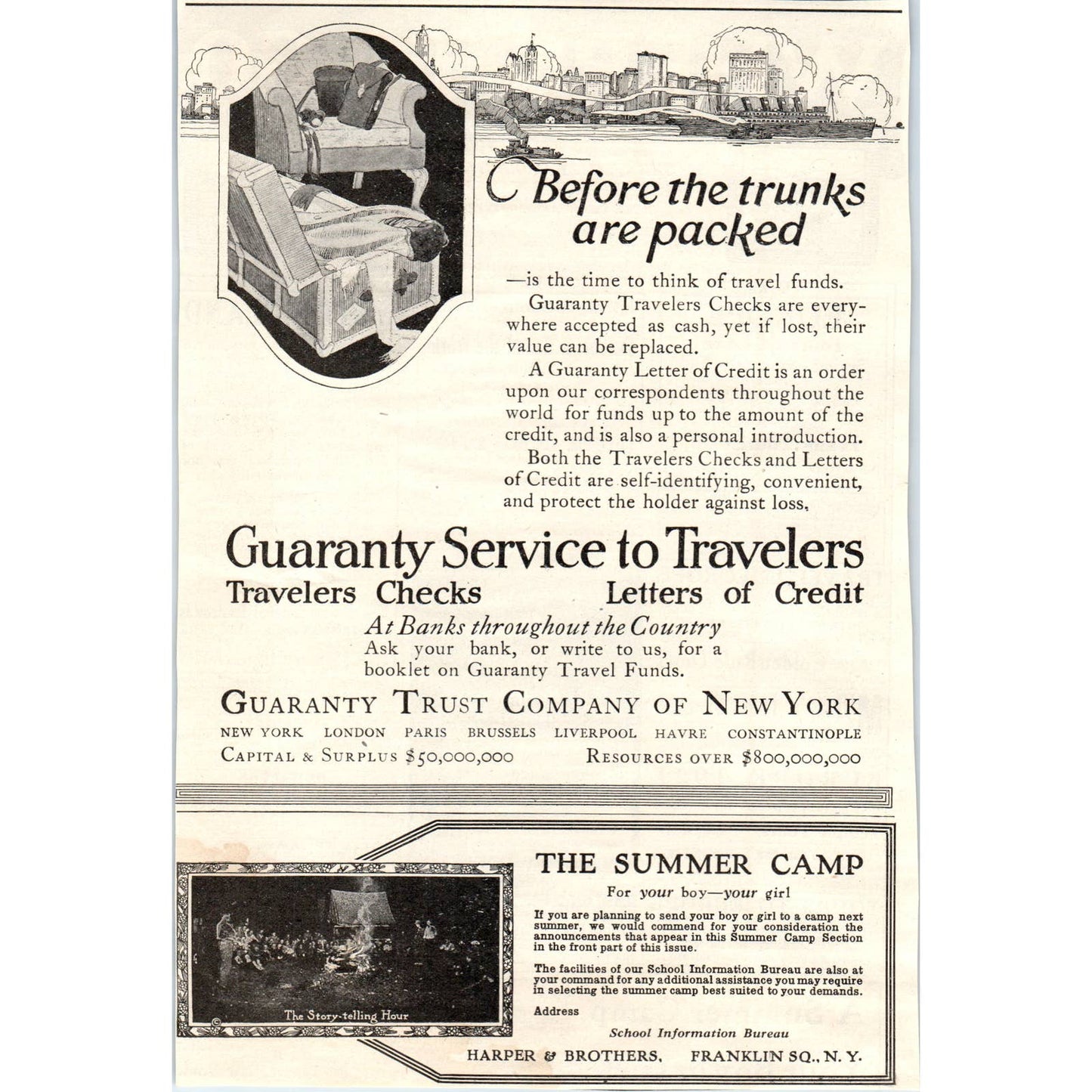 c1920 Harper's Magazine Ad Guaranty Trust Company New York Traveler Checks TF6-1