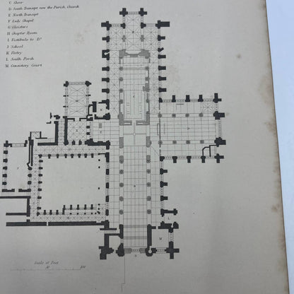 1842 Original Art Engraving Chester Cathedral, Floor Plan and Bio TG6