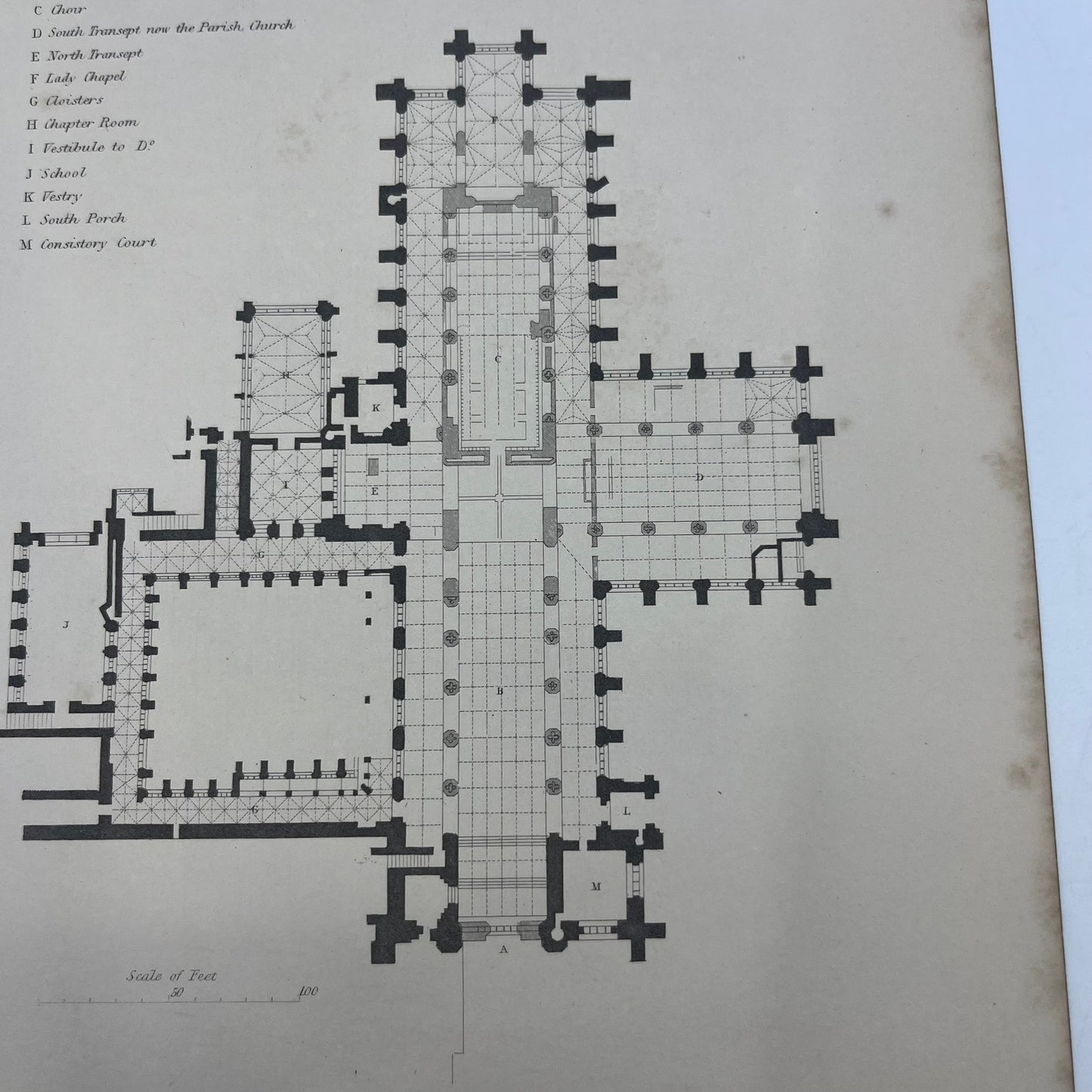 1842 Original Art Engraving Chester Cathedral, Floor Plan and Bio L4-2