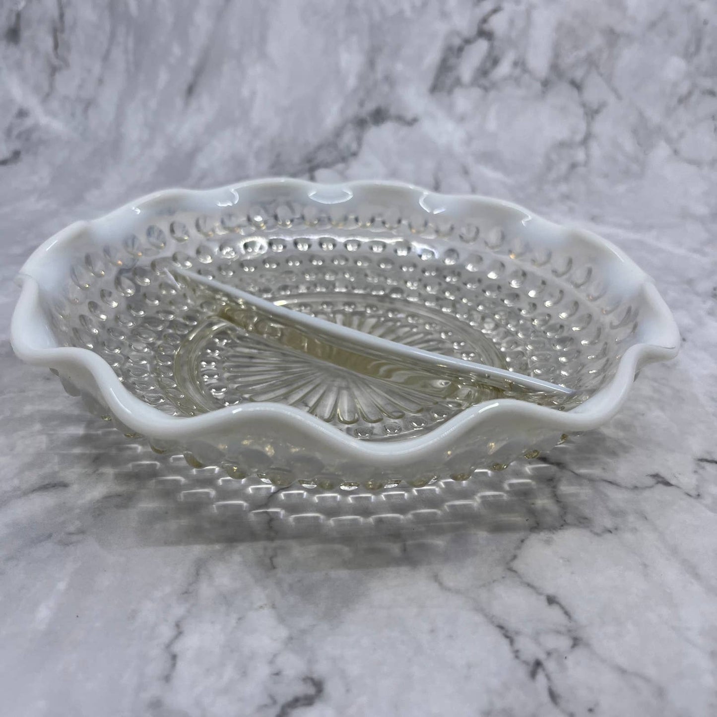 Anchor Hocking Moonstone Opalescent Hobnail Ruffled Divided Candy Dish 7.5” TC4