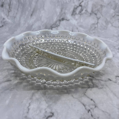 Anchor Hocking Moonstone Opalescent Hobnail Ruffled Divided Candy Dish 7.5” TC4