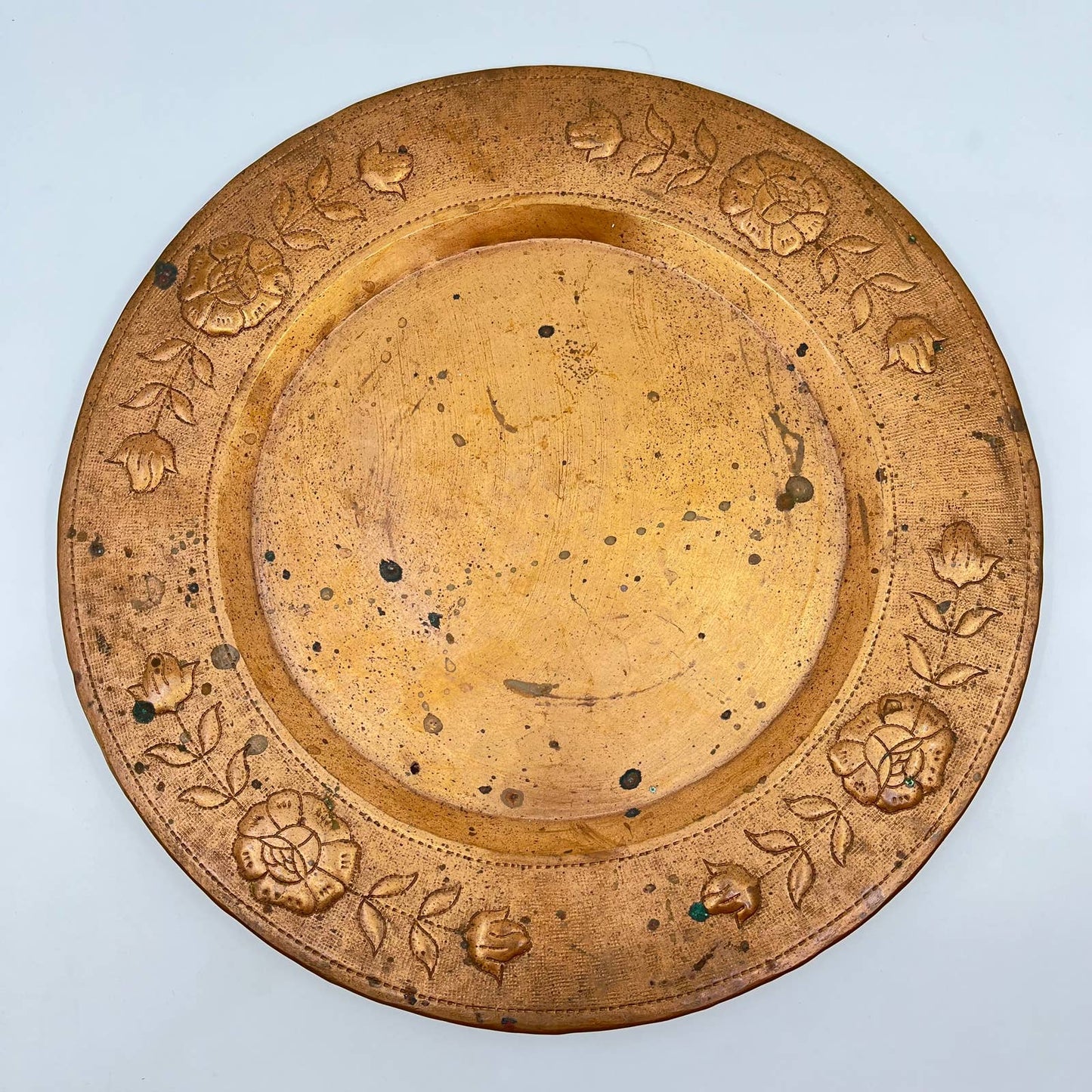 Vintage Solid Copper Pressed Floral Design Serving Tray 12” TF4