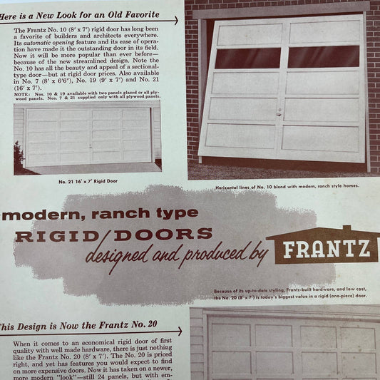 1950s Frantz Mfg Co Modern Ranch Type Rigid Garage Doors Advertising Leaflet AC8
