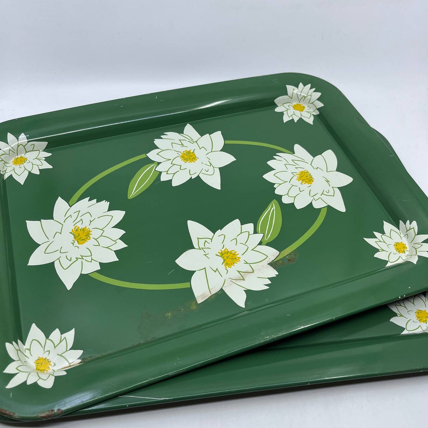 Vintage Toleware Metal Tray Water Lillies White Lotus Flowers 17.5x13" Set Of 2