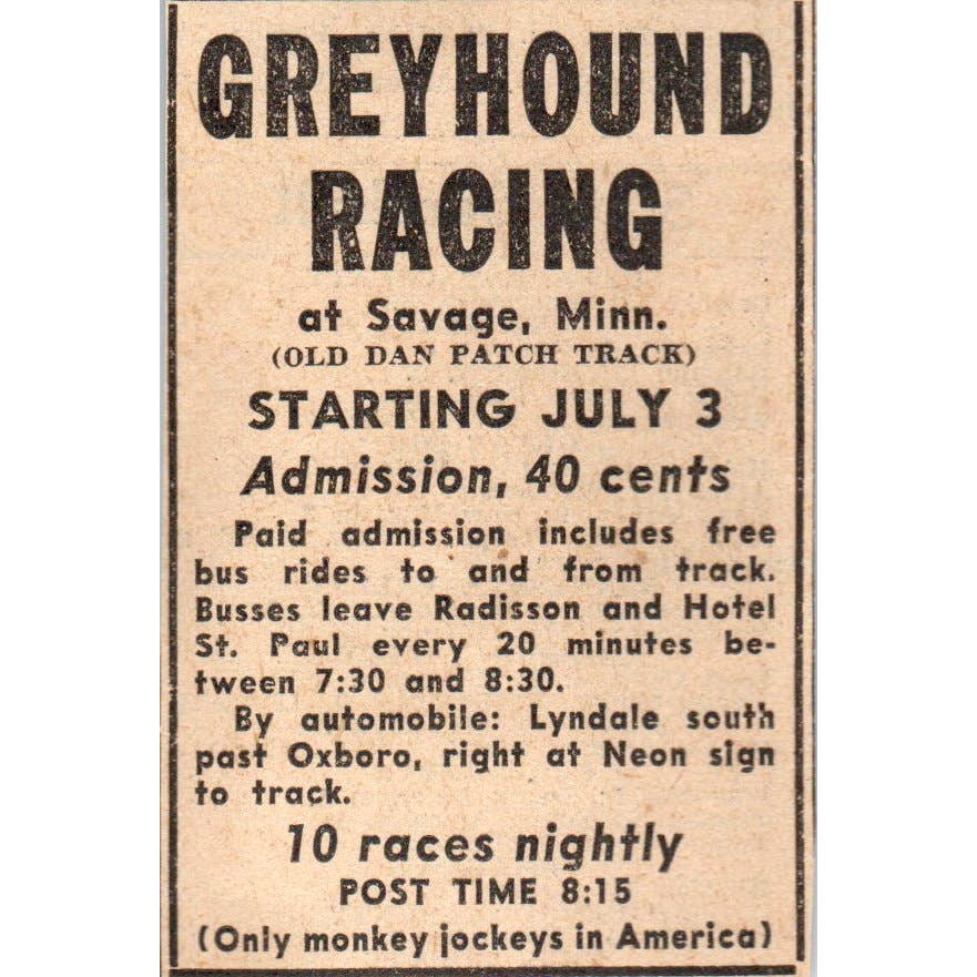 1935 Minneapolis Journal Newspaper Ad Greyhound Racing Savage Minnesota FL5-6