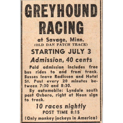 1935 Minneapolis Journal Newspaper Ad Greyhound Racing Savage Minnesota FL5-6