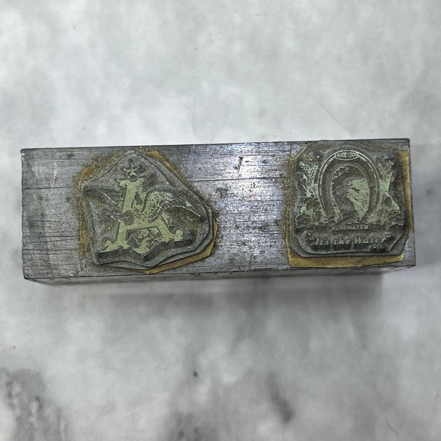 Vtg Letterpress Printers Block Plate Anheuser Busch, Good Luck Tumwater TJ516