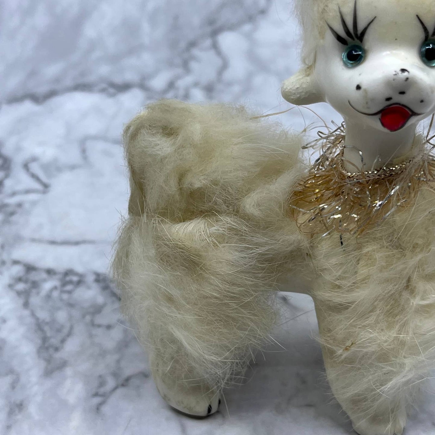 1950s MCM White Poodle Dog Figurine - Blue Glass Eyes and Fur, Japan 3x4 TJ1