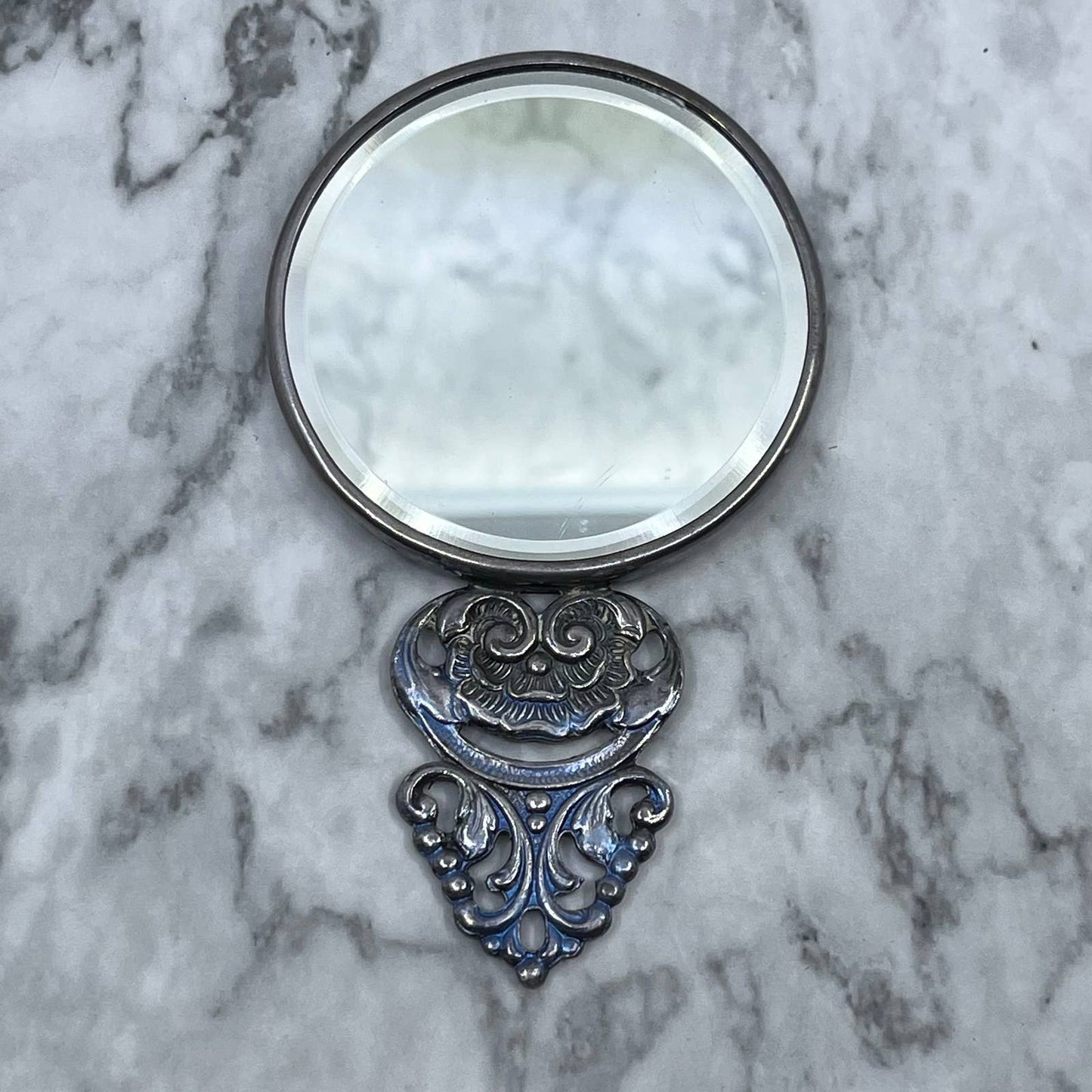 Denmark Hans Jensen Silver-Plate Repousse Beveled Hand Vanity Purse Mirror SE9