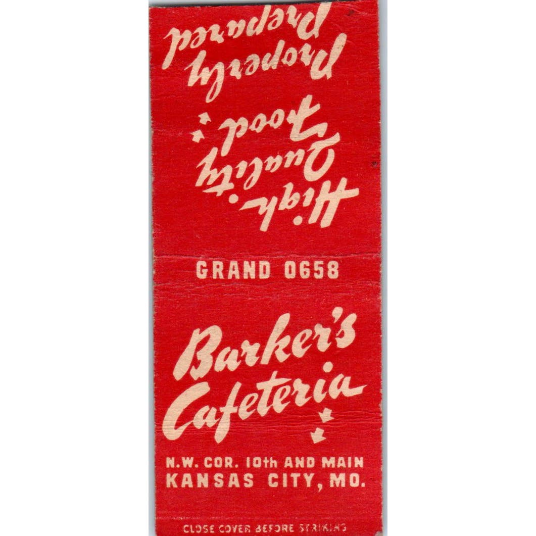 Barker's Cafeteria Kansas City MO Advertising Matchbook Cover SA9-M3