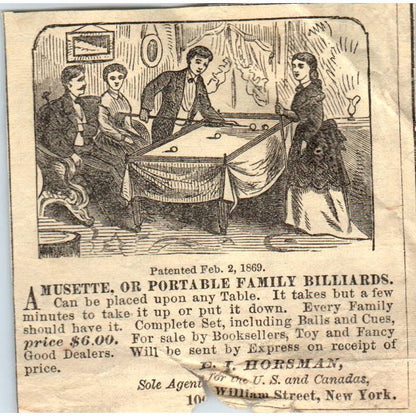 c1920 Peterson's Magazine Ad -  Portable Family Billiards E.I. Horsman EA3