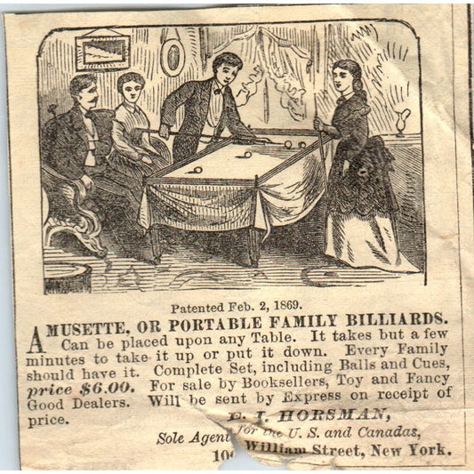 c1920 Peterson's Magazine Ad -  Portable Family Billiards E.I. Horsman AK3-M44