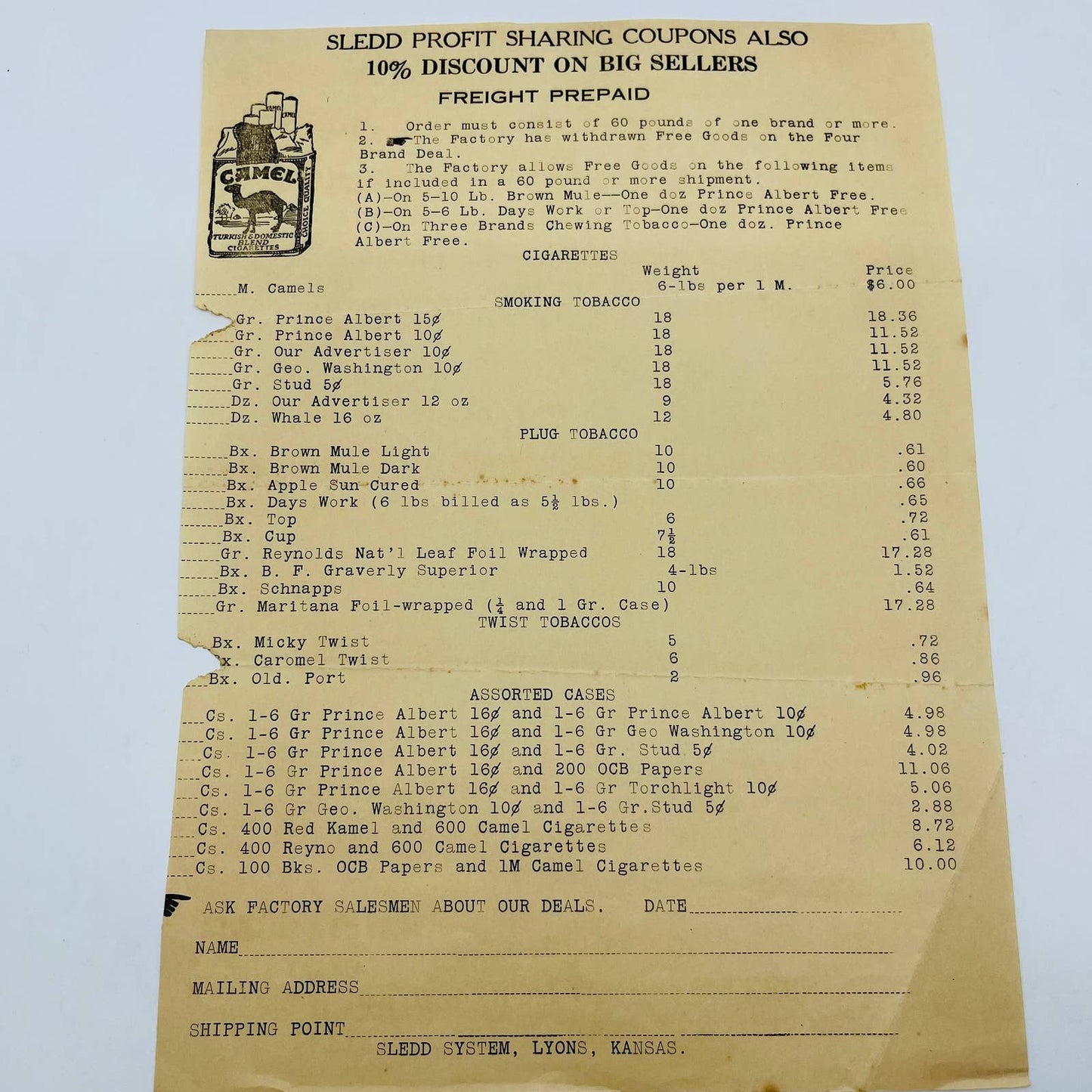 c1920 Camel Cigarettes Price List Sledd System Lyons KS Profit Sharing AA4