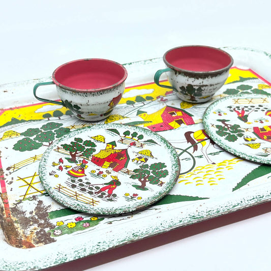 VTG Ohio Art Tin Litho Tea Set Apple Farm Country Charm 5 Piece Cups Plates TF6