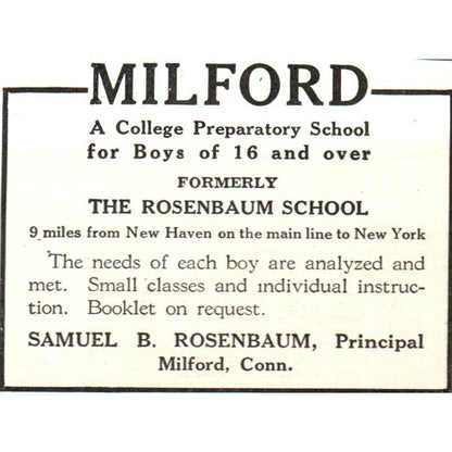 Milford Prep School Samuel B. Rosenbaum Milford CT - 1921 Original Ad TJ7-S7